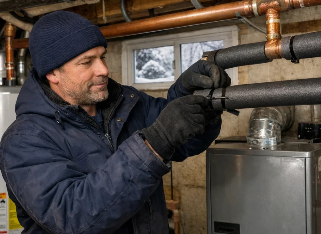 Plumber installs pipe insulation in snowy New Jersey basement to prevent freezing