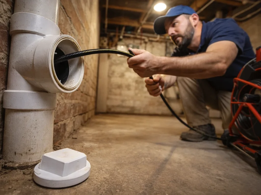 A plumber doing a drain inspection.