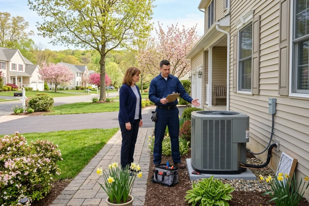 Montville homeowner reviewing spring AC maintenance checklist