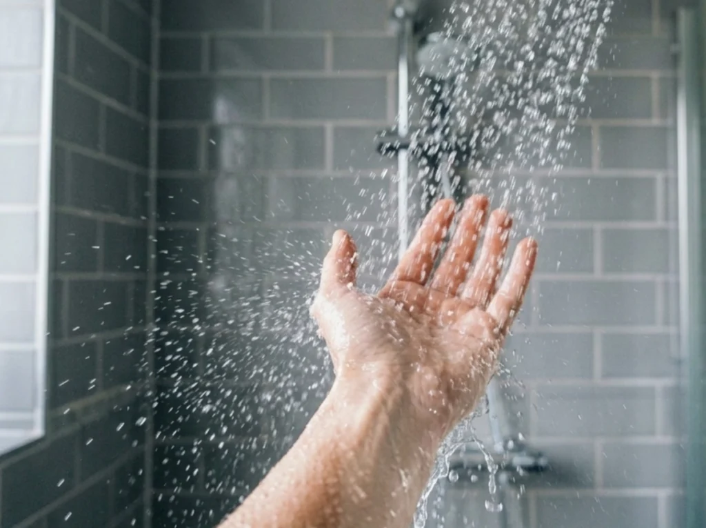 A person checking the water temp of the shower
